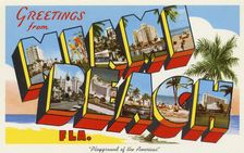Greetings from Miami Beach, Playground of the Americas postcard, 1959
