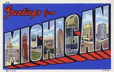 Greetings from Michigan postcard, 1937