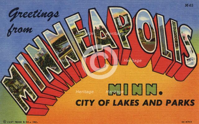 'Greetings from Minneapolis, Minnesota, City of Lakes and Parks', postcard, 1950. Artist: Unknown
