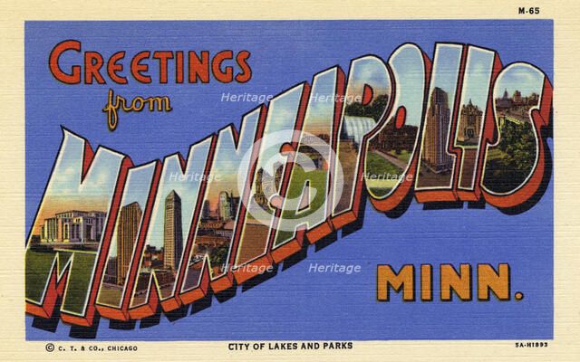 'Greetings from Minneapolis, Minnesota', postcard, 1935. Artist: Unknown