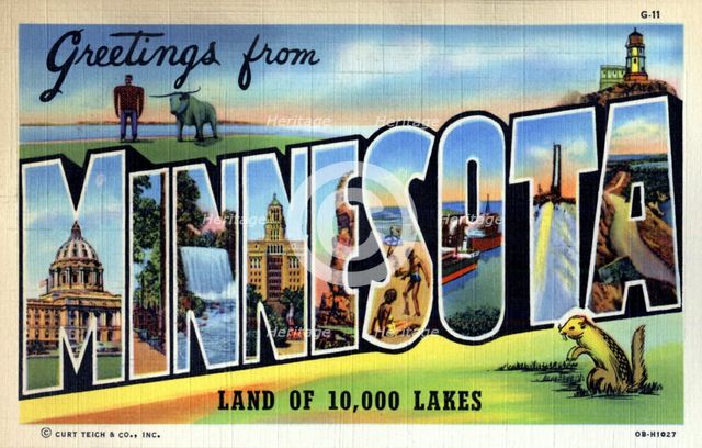 'Greetings from Minnesota, Land of 10,000 Lakes', postcard, 1940. Artist: Unknown