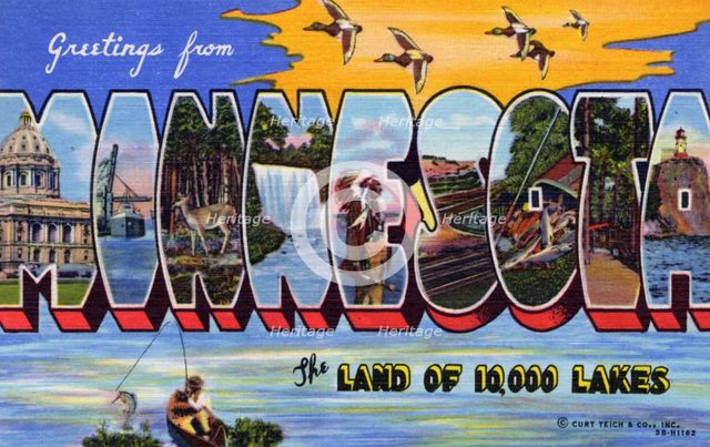 'Greetings from Minnesota, the Land of 10,000 Lakes', postcard, 20th century. Artist: Unknown