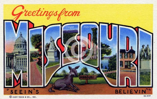 'Greetings from Missouri', postcard, 1939. Artist: Unknown