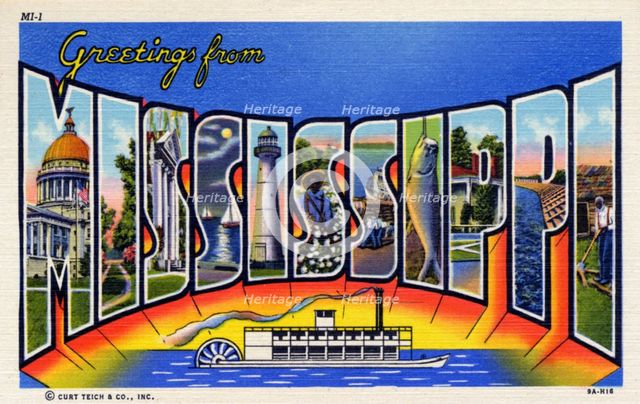 'Greetings from Mississippi', postcard, 1939. Artist: Unknown
