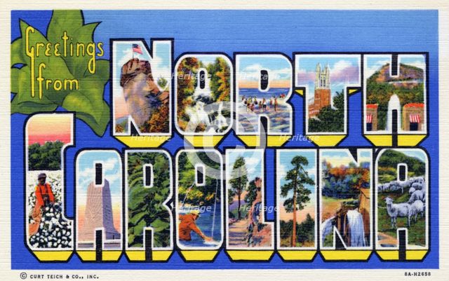 'Greetings from North Carolina', postcard, 1938. Artist: Unknown