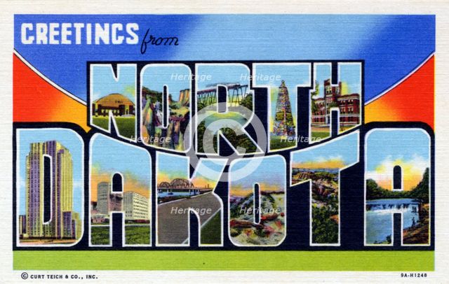 'Greetings from North Dakota', postcard, 1939. Artist: Unknown