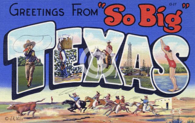 'Greetings from So Big Texas', postcard, 1937. Artist: Unknown