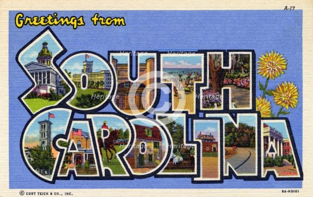 'Greetings from South Carolina', postcard, 1938. Artist: Unknown