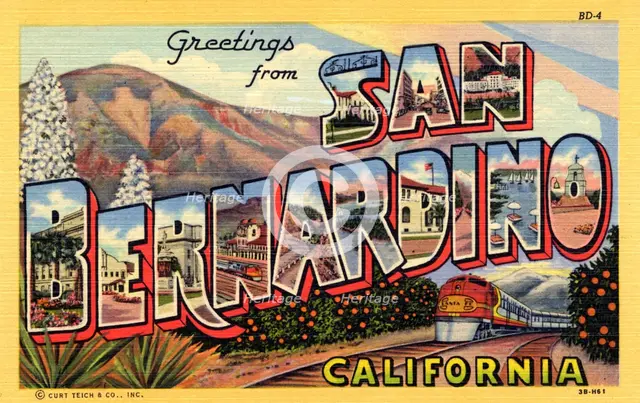 'Greetings from San Bernardino, California', postcard, 1943. Artist: Unknown