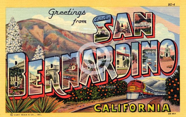 'Greetings from San Bernardino, California', postcard, 1943. Artist: Unknown