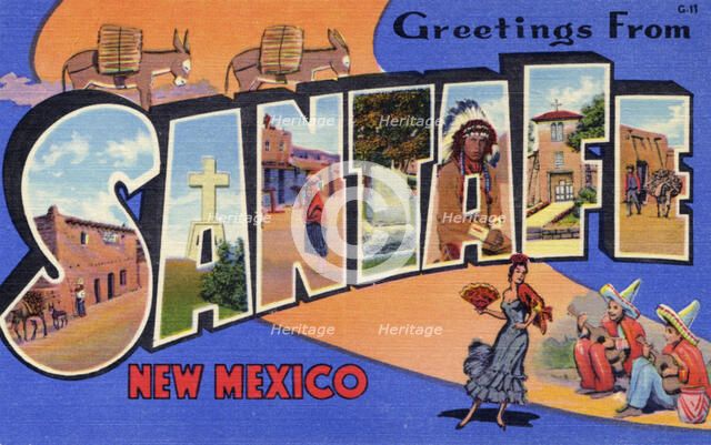'Greetings from Santa Fe, New Mexico', postcard, 1937. Artist: Unknown