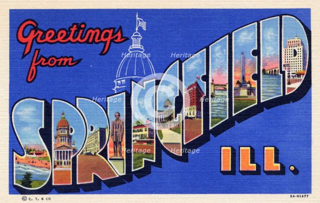 'Greetings from Springfield, Illinois', postcard, 1935. Artist: Unknown
