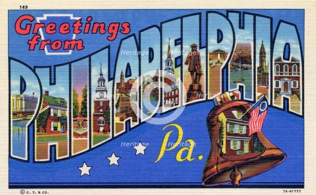 'Greetings from Philadelphia, Pennsylvania', postcard, 1937. Artist: Unknown