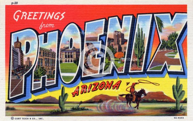 'Greetings from Phoenix, Arizona', postcard, 1939. Artist: Unknown