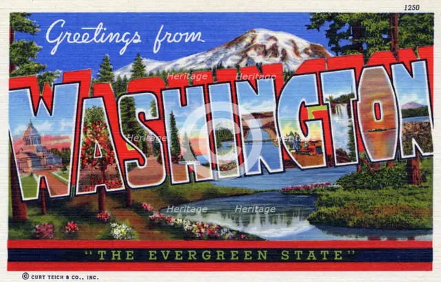 'Greetings from Washington, the Evergreen State', postcard, 1940. Artist: Unknown