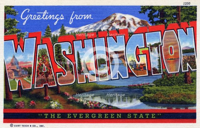 'Greetings from Washington, the Evergreen State', postcard, 1940. Artist: Unknown