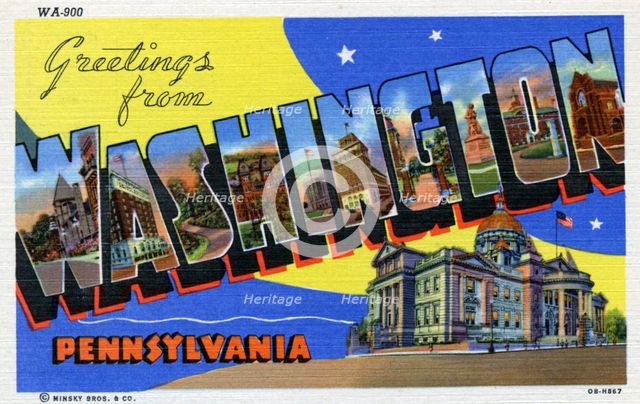 'Greetings from Washington, Pennsylvania', postcard, 1940. Artist: Unknown