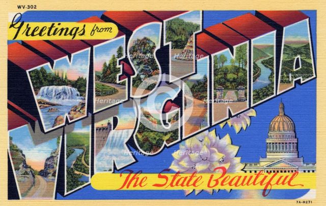 'Greetings from West Virginia, the State Beautiful', postcard, 1937. Artist: Unknown