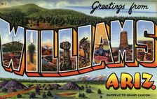 Greetings from Williams, Arizona, Gateway to the Grand Canyon postcard, 1940