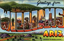 Greetings from Williams, Arizona, Gateway to the Grand Canyon postcard, 1940