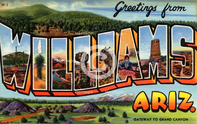 'Greetings from Williams, Arizona, Gateway to the Grand Canyon', postcard, 1940. Artist: Unknown