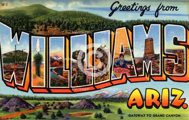 'Greetings from Williams, Arizona, Gateway to the Grand Canyon', postcard, 1940. Artist: Unknown