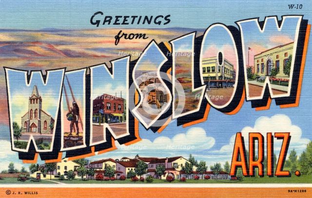'Greetings from Winslow, Arizona', postcard, 1939. Artist: Unknown