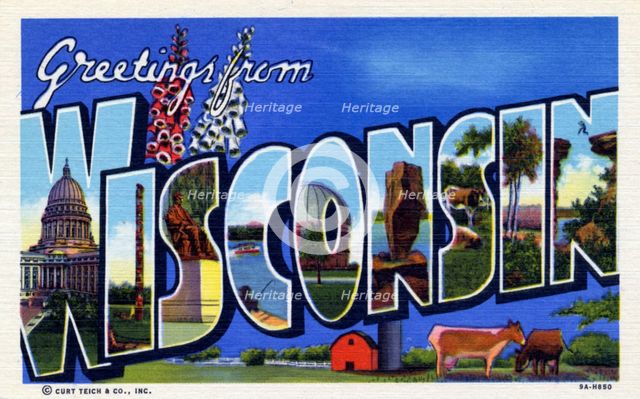 'Greetings from Wisconsin', postcard, 1939. Artist: Unknown