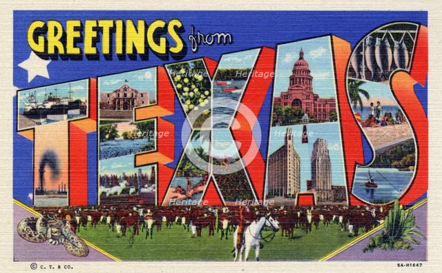 'Greetings from Texas', postcard, 1935. Artist: Unknown