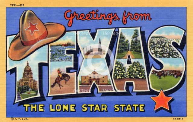 'Greetings from Texas, the Lone Star State', postcard, 1938. Artist: Unknown