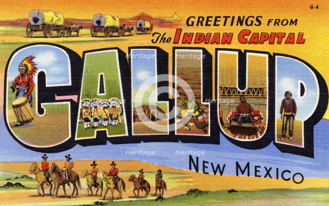 'Greetings from the Indian Capital, Gallup, New Mexico', postcard, 1937. Artist: Unknown
