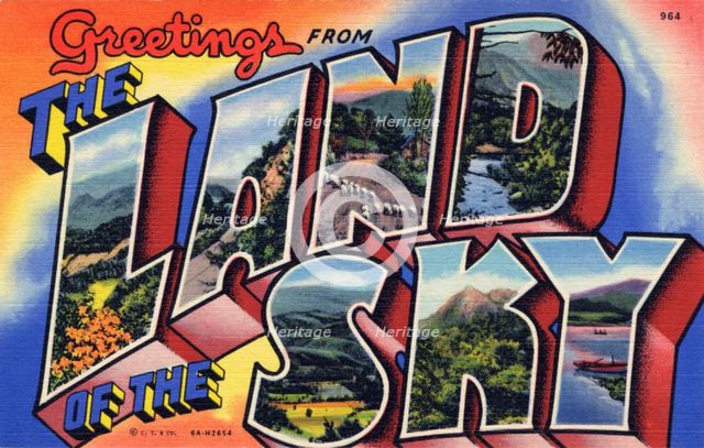 'Greetings from the Land of the Sky', postcard, 1936. Artist: Unknown
