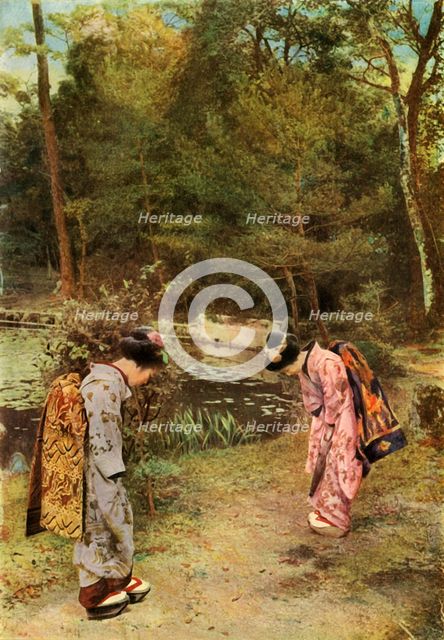 'Greetings in the Temple Grounds', 1910. Creator: Herbert Ponting.