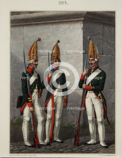 Grenadiers of the Preobrazhensky, Semenovsky and Izmailovsky Regiment in 1796-1797, 1840s. Artist: Petrovsky, Alexey Gavrilovich (1817-?)