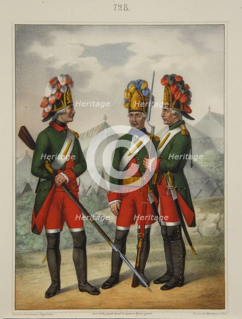 Grenadiers of the Preobrazhensky, Semenovsky and Izmailovsky Regiment in 1763-1775, Early 1840s. Artist: Razumikhin, Pyotr Ivanovich (1812-1848)