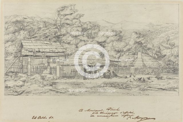 Greniers indigenes et habitations a Akaroa, presqu'Ile de Banks, 1860. Creator: Charles Meryon.