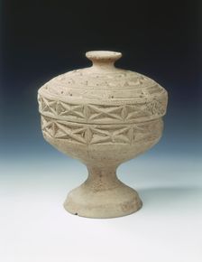 Grey unglazed pottery covered dou, Late Warring States - Western Han period, China, c162 BC. Creator: Unknown