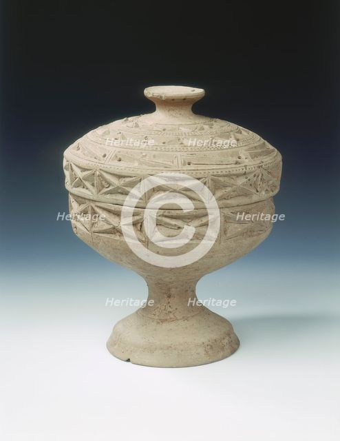 Grey unglazed pottery covered dou, Late Warring States - Western Han period, China, c162 BC. Creator: Unknown.
