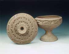 Grey unglazed pottery covered dou, Late Warring States - Western Han period, China, c162 BC. Creator: Unknown