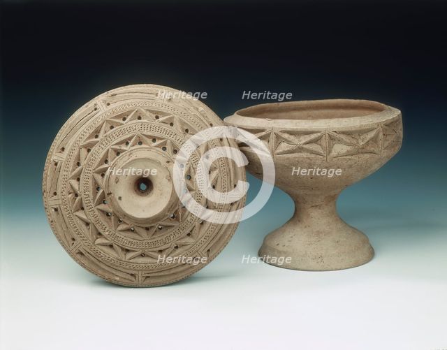 Grey unglazed pottery covered dou, Late Warring States - Western Han period, China, c162 BC. Creator: Unknown.