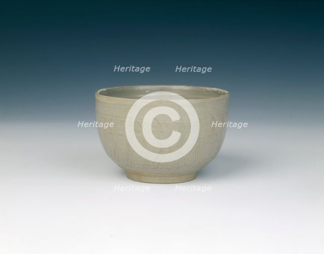 Grey-green glazed bowl with hatched decoration, Yuan dynasty, China, 1279-1368. Creator: Unknown.