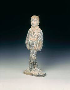 Grey pottery standing woman, Western Han dynasty, China, 206 BC-8 AD. Creator: Unknown