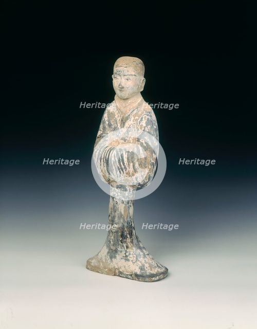 Grey pottery standing woman, Western Han dynasty, China, 206 BC-8 AD. Creator: Unknown.