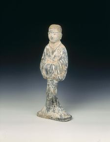 Grey pottery standing woman, Western Han dynasty, China, 206 BC-8 AD