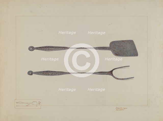 Griddlecake Turner and Fork, c. 1937. Creator: Edward L Loper.