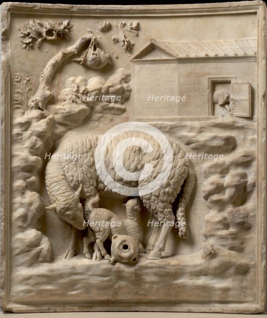 Grimani Relief: A sheep with her lamb, 1st century BC. Creator: Art of Ancient Rome, Classical sculpture  .