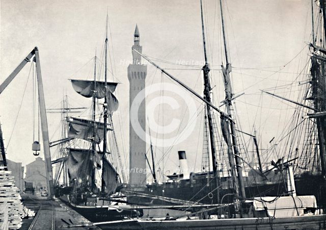 'Grimsby - View of the Docks, with the Hydraulic Tower', 1895. Artist: Unknown.