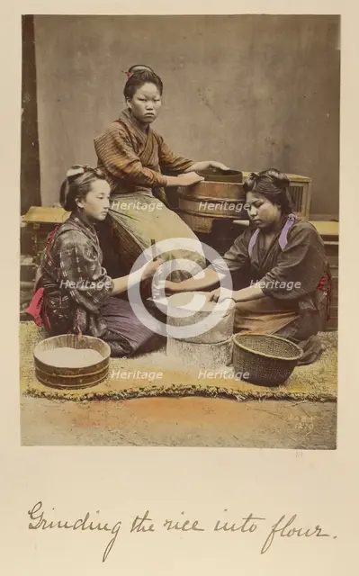 Grinding the rice into flour, about 1873-1883. Creator: Shinichi Suzuki I.