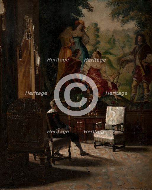 Gripsholm, interior from the King's bedchamber with male staffage figure. Creator: Edvard Perseus.