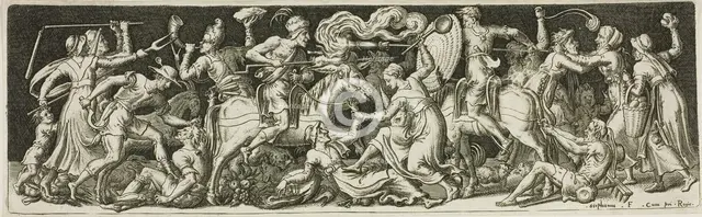 Grotesque Battle, from Combats and Triumphs, 1561/72. Creator: Etienne Delaune.